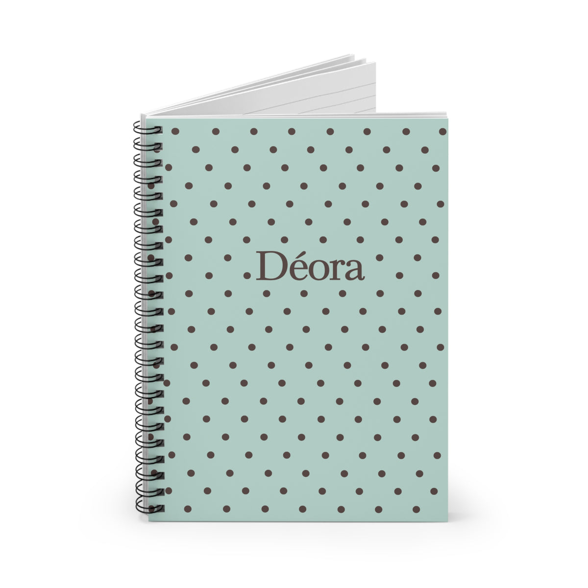 Personalized Polka Dot Spiral Notebook — Mint Green Ruled Journal with Name "Déora"