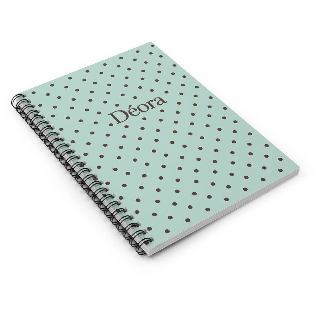 Personalized Polka Dot Spiral Notebook — Mint Green Ruled Journal with Name "Déora"