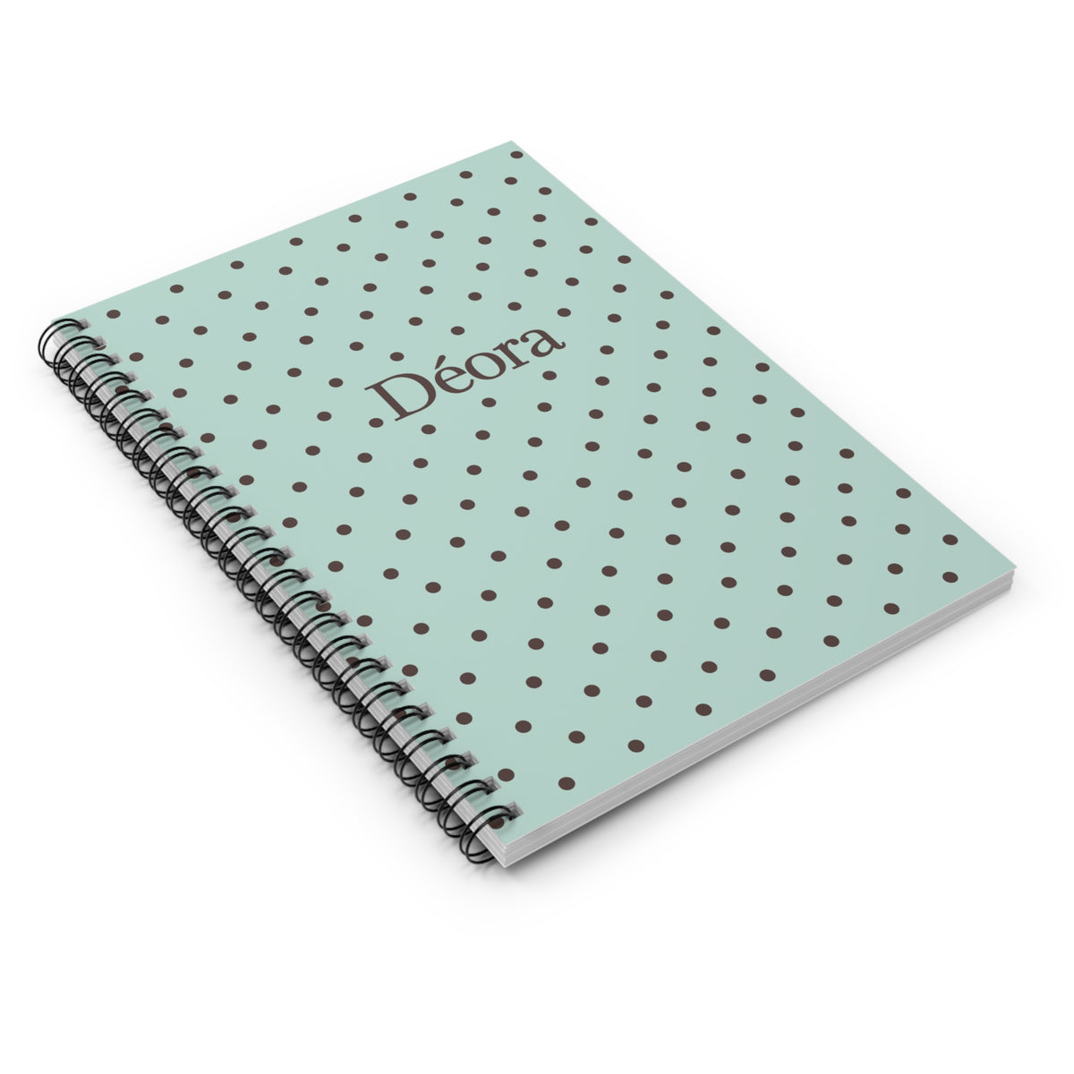 Personalized Polka Dot Spiral Notebook — Mint Green Ruled Journal with Name "Déora"