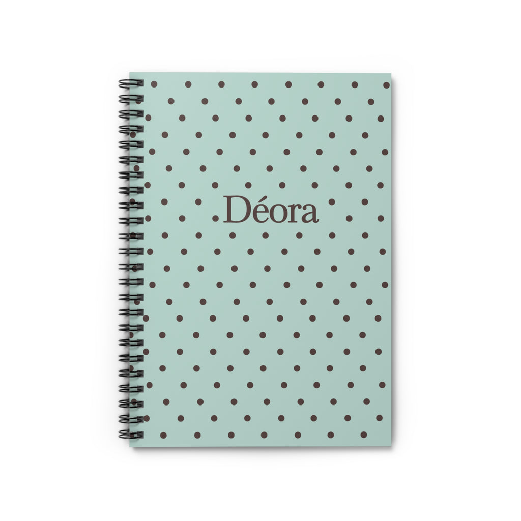 Personalized Polka Dot Spiral Notebook — Mint Green Ruled Journal with Name "Déora"