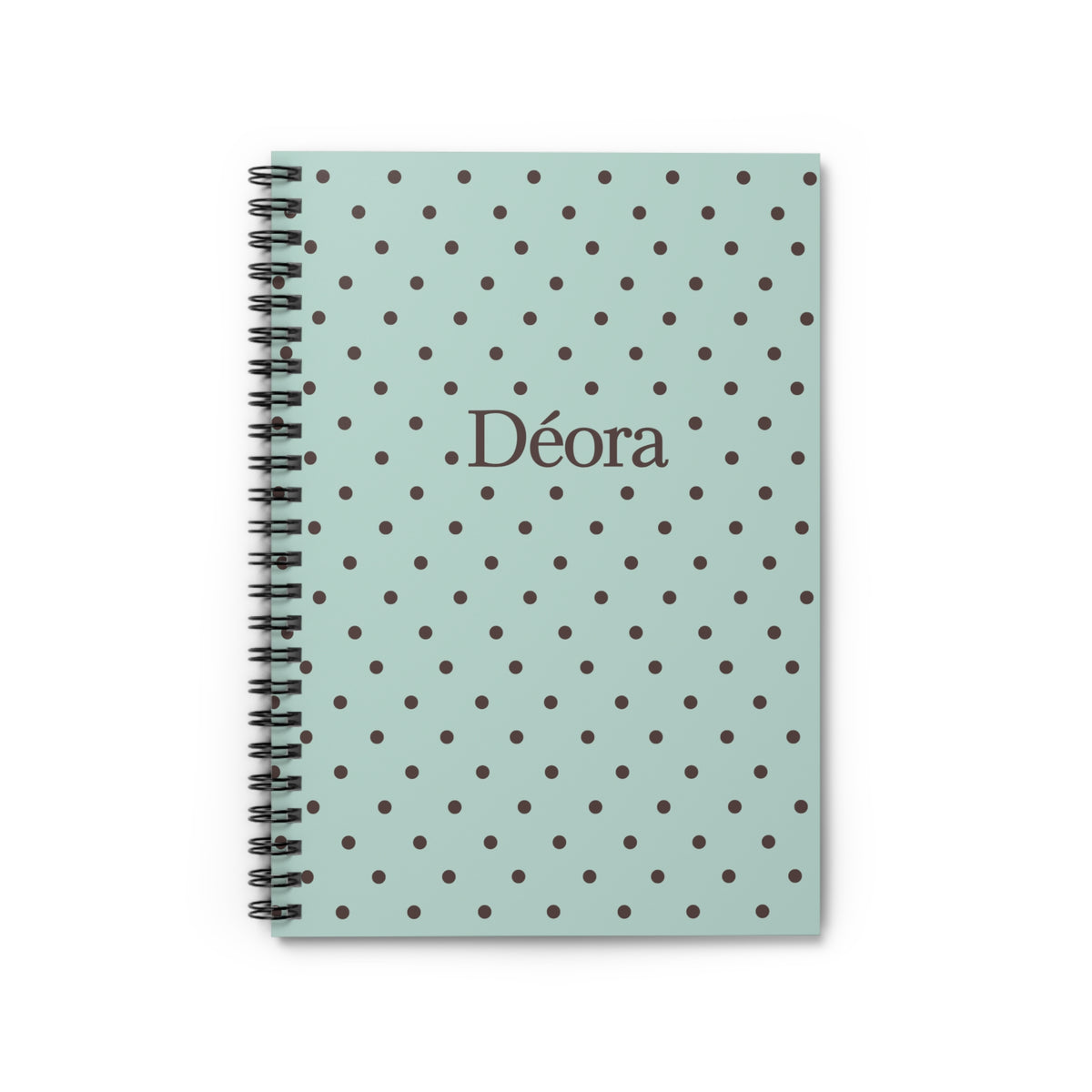 Personalized Polka Dot Spiral Notebook — Mint Green Ruled Journal with Name "Déora"